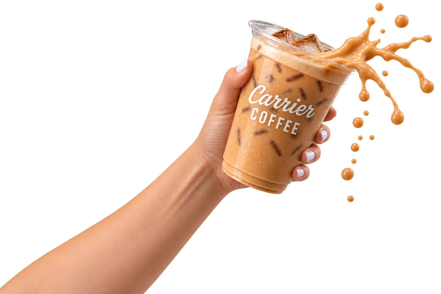 A hand raising a Carrier Coffee iced latte with coffee splashing out